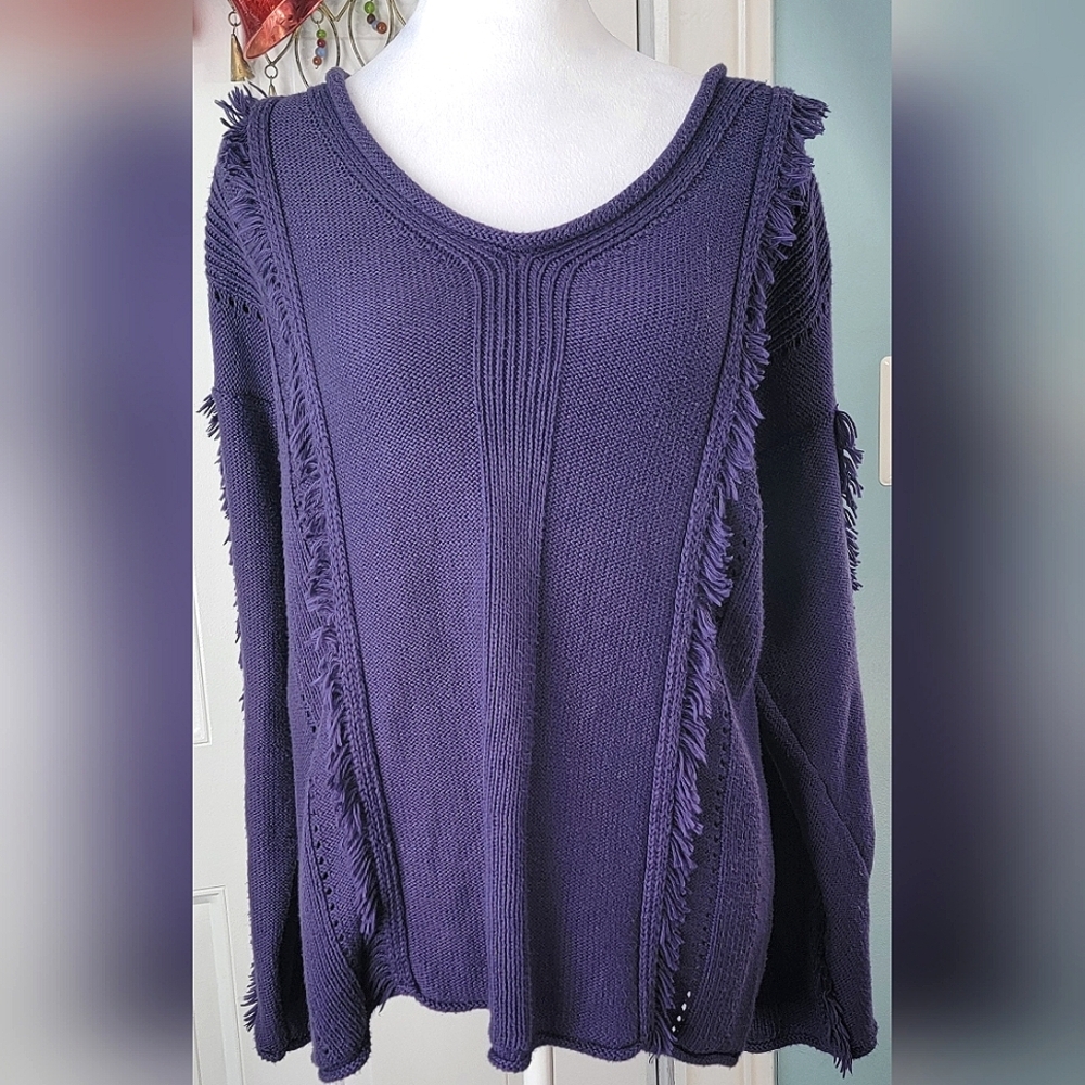 Neon Buddha Knit Sweater Women's S Purple Fringe Detail V Neck 100% Cotton